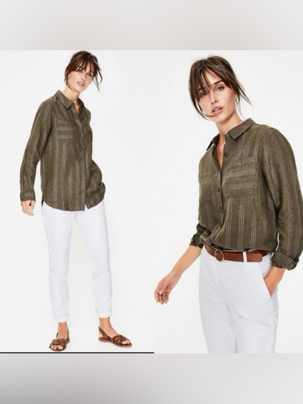 Boden Olive Green Organic Linen Gold Shimmer Striped Button Front Shirt Size 16